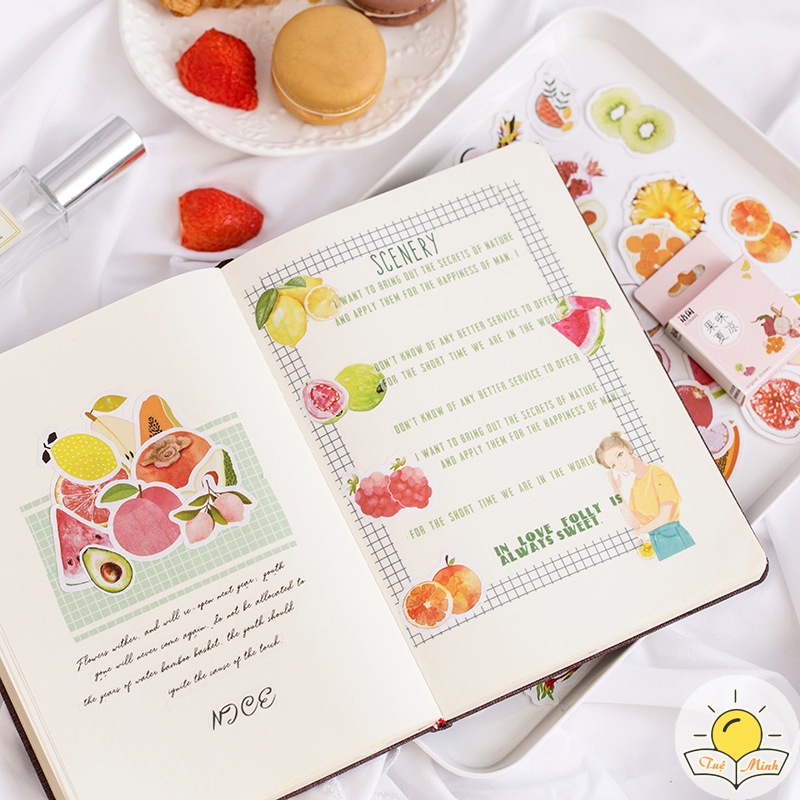 Bộ 50 sticker đồ vật, nhãn dán VPP Tuệ Minh cute hình hộp sữa, cây xanh STI11