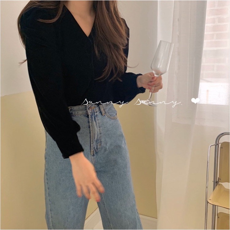 SUXI Áo Sơ Mi Nữ Thiết Kế Tay Dài Cổ Chữ V Kiểu Cách Hàn Quốc