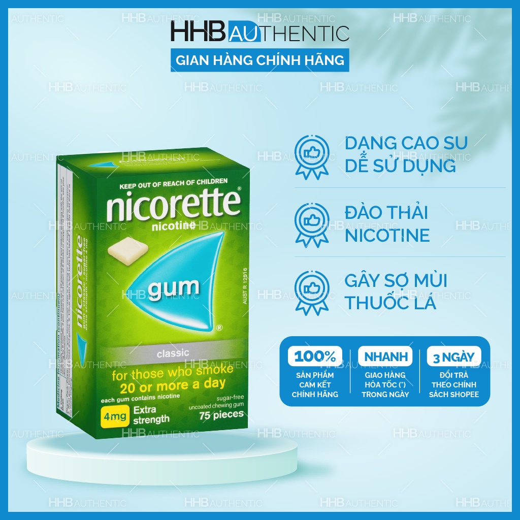 Kẹo cao su cai thuốc lá Nicorette Gum 75 viên - Xuất xứ Úc