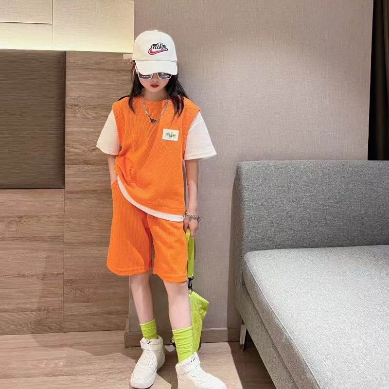 ❀Hàng giao ngay❀4-14 tuổi, quần áo trẻ em Bộ Áo Thun Tay Ngắn Giả Hai Mảnh Kèm Quần Ngắn Phong Cách Thời Trang Mới 2022 Dành Cho Bé Gái
