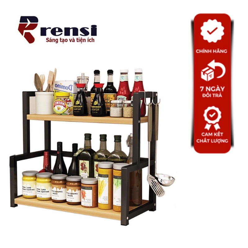 Kệ Gia Vị Để Bàn 2 tầng - Kệ Gia Vị Khung Sắt mặt gỗ RS04