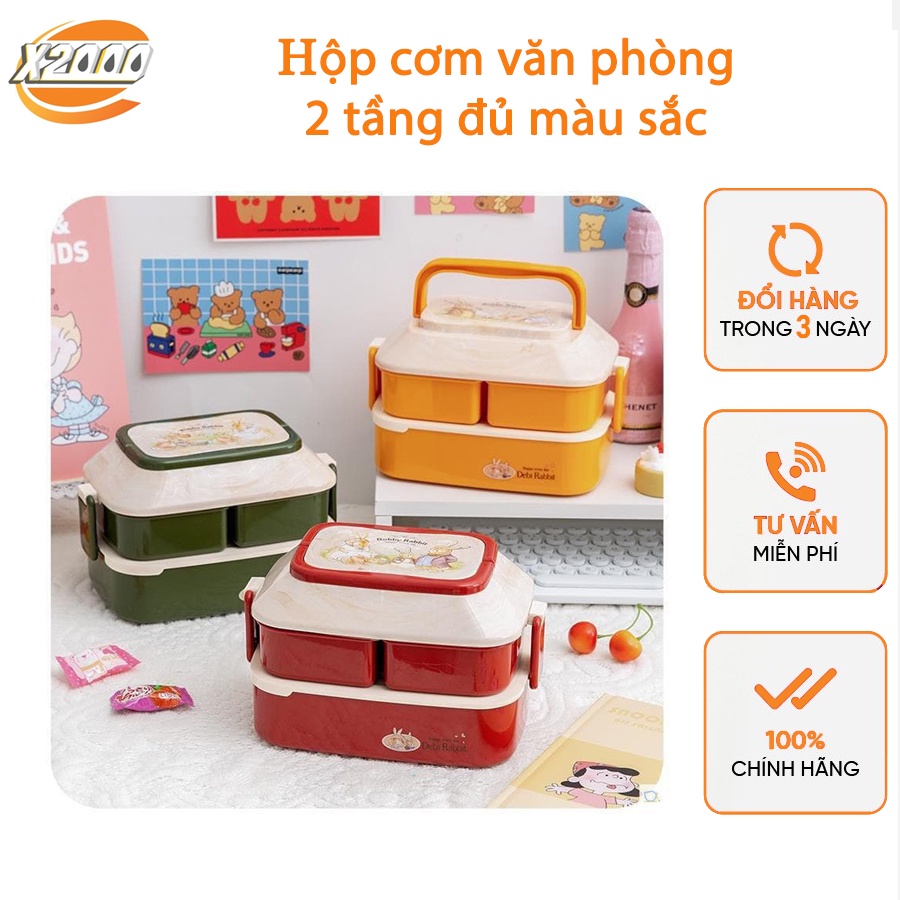 Hộp đựng cơm giữ nhiệt 2 tầng Bento cute, cà mèn đựng đồ ăn văn phòng bằng nhựa PP cao cấp