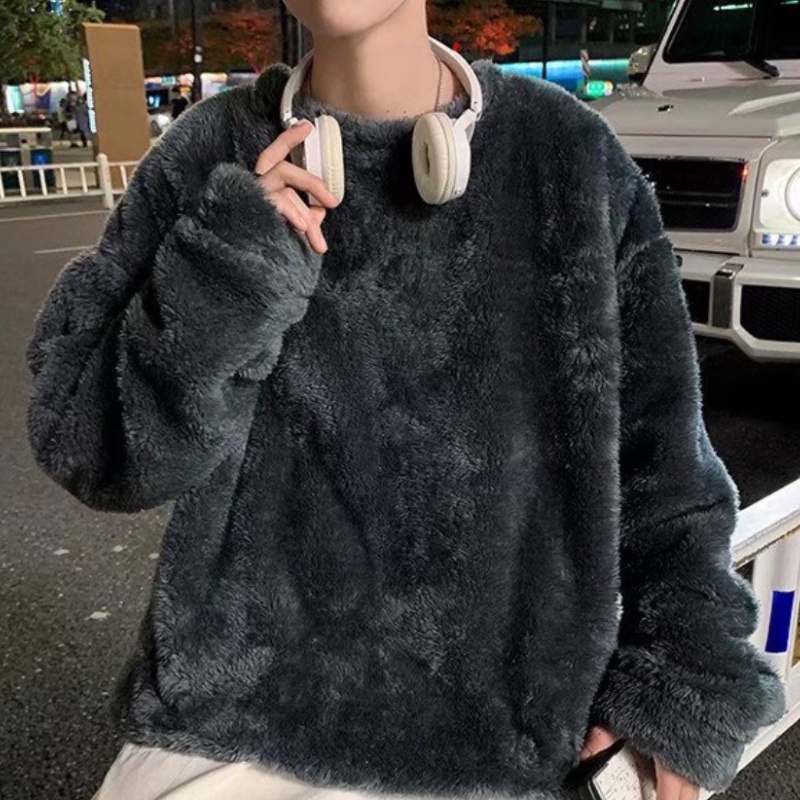 【S-3XL】Áo Sweater nỉ cổ tròn dáng rộng màu trơn giữ ấm mùa đông thời trang cho nam