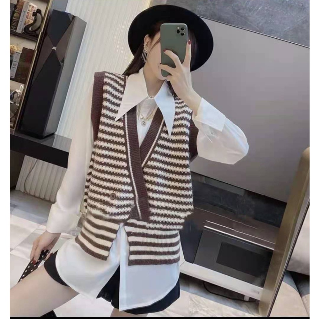Áo khoác cardigan dệt kim không tay phối hàng nút họa tiết kẻ sọc phong cách retro Hàn quốc