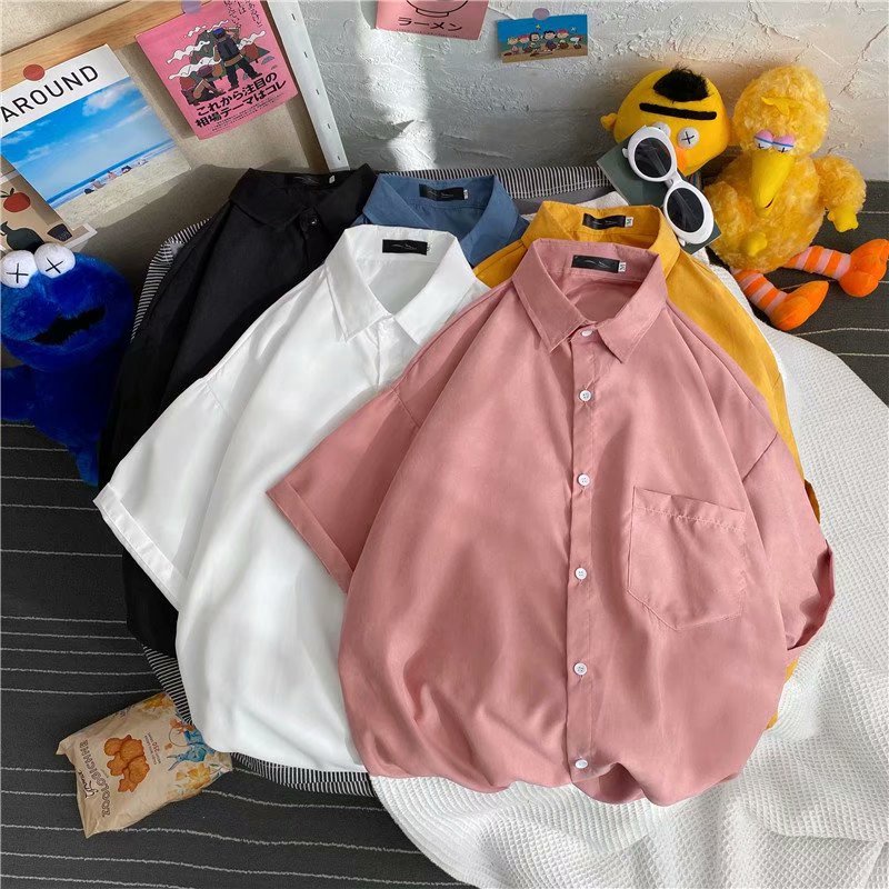 Summer Korean style solid color loose short-sleeved shirt for men