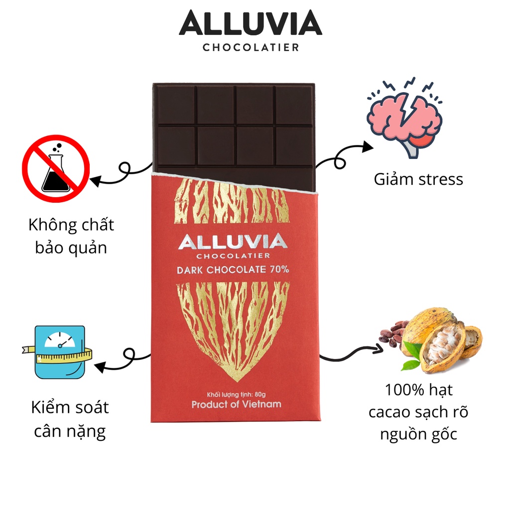 Socola đen nguyên chất đắng vừa ít ngọt Alluvia 70% cacao Việt Nam thanh nhỏ 30 gram Dark chocolate 70% less sugar