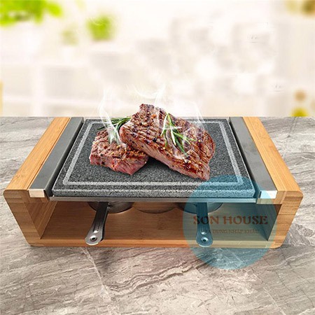 Bộ đá nướng thịt BBQ có chân đế bằng gỗ sang trọng, đá nướng thịt hình chữ nhật cho gia đình
