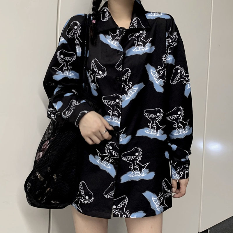 Women's Retro Print Korean Top Fashion Loose Dinosaur Long Sleeve Shirt | BigBuy360 - bigbuy360.vn