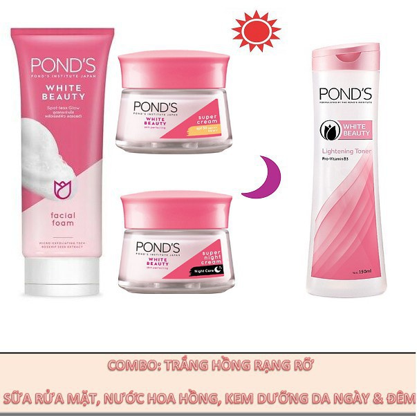 Trọn bộ Pond's Trắng Hồng Rạng Rỡ (Sữa Rửa Mặt,Nước Hoa Hồng, Kem Dưỡng Ngày Và Đêm)
