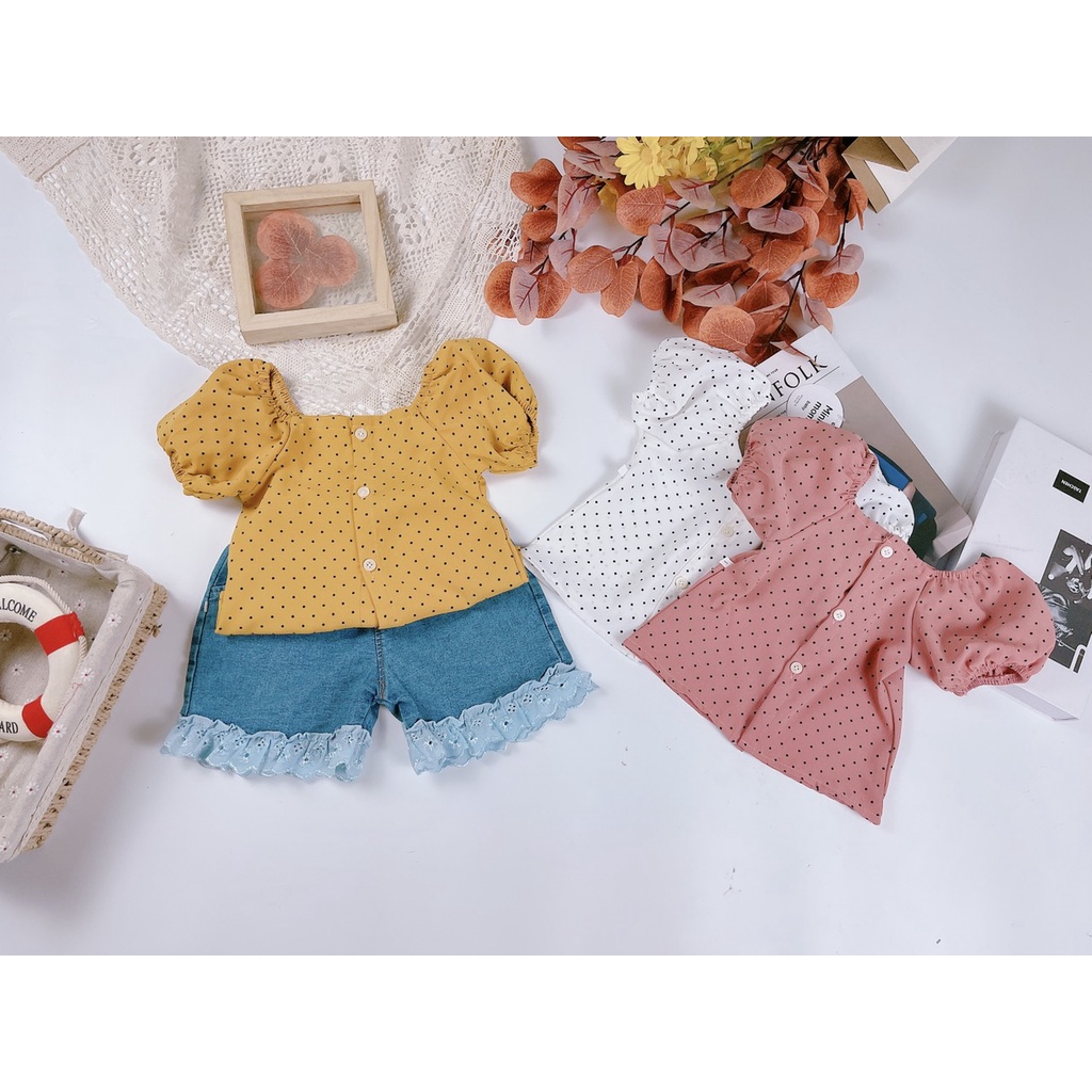 ✓ 8-18kg✓ set bộ bé gái minky mom áo chấm bi + quần jean xinh xắn