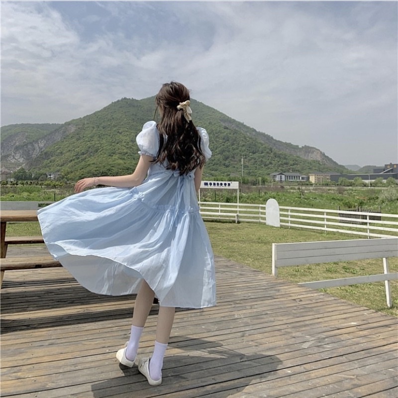 Đầm voan dáng dài xếp ly baby blue