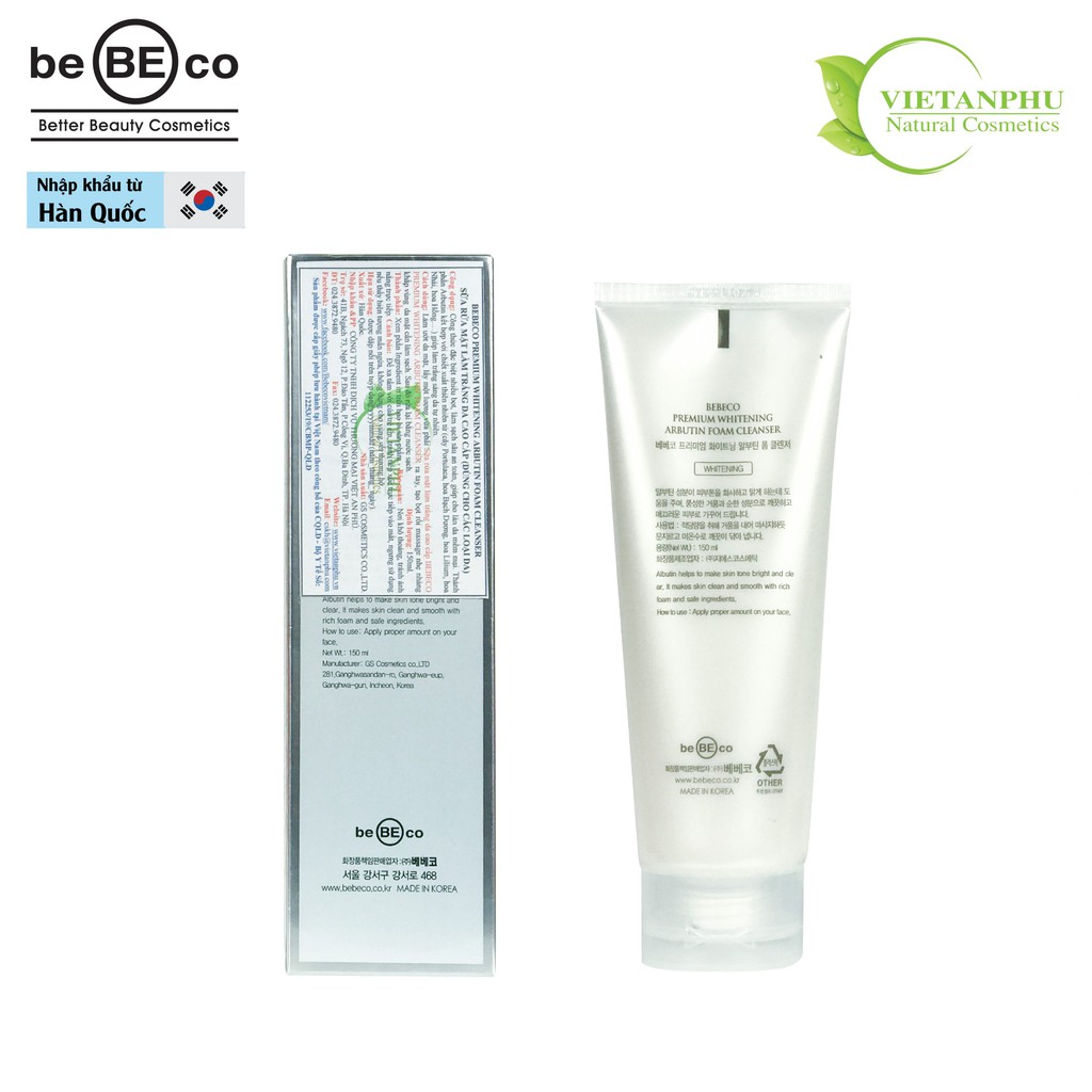 Sữa rửa mặt Arbutin trắng da cao cấp BEBECO Hàn Quốc 150ml WHITENING CLEANSER