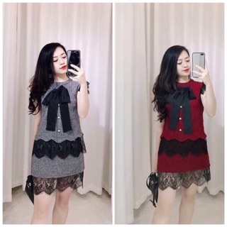 Set áo nơ chân váy viền ren tiểu thư - Hình thật