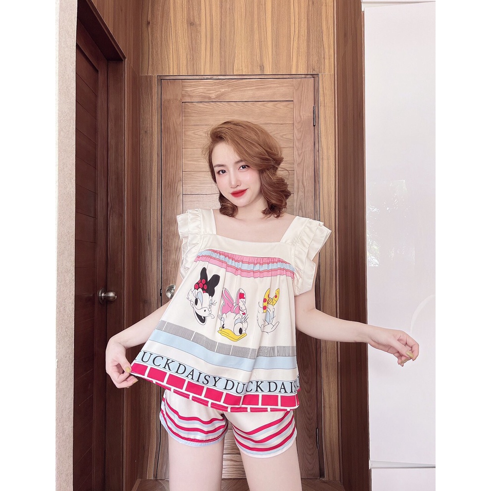 Đồ Bộ Nữ Mặc Nhà Quần Short + 2 Dây Cánh Tiên Cổ Vuông Lụa Latin In 3D Họa Tiết Đáng Yêu_Ngân Boutique Đồ Ngủ