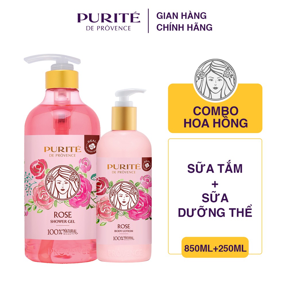 Combo Sữa tắm Purité Hoa Hồng 850ml + Sữa dưỡng thể Purité Hoa Hồng 250ml | BigBuy360 - bigbuy360.vn