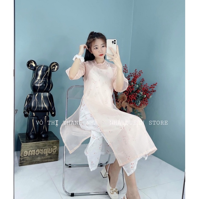 Set áo dài voan tơ thêu hoa kèm cột tóc