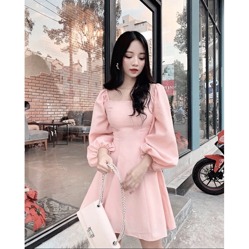 Váy babydoll cổ vuông BlaPink thiết kế tay dài cổ vuông vải dày dặn form chuẩn Đủ Màu
