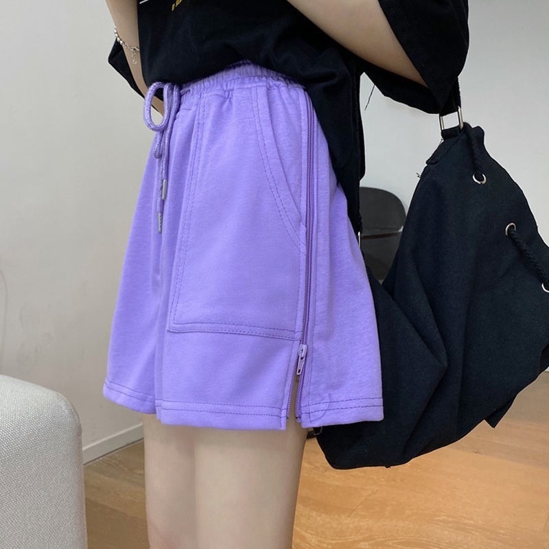 Quần short thể thao lưng cao ống rộng có dây kéo phong cách Hàn Quốc mới