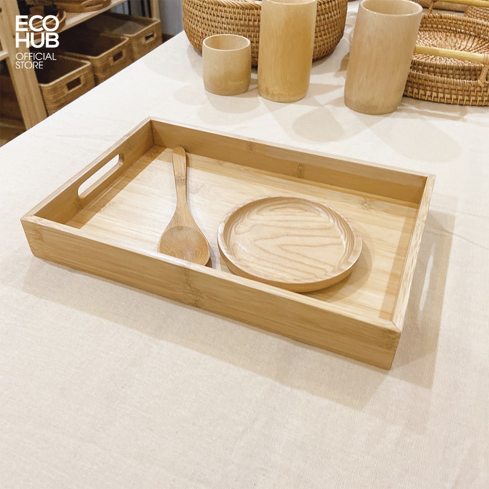 Khay gỗ Tre ECOHUB phục vụ chữ nhật có tay cầm, Nhiều Kích thước (Tre VN), Cứng cáp (Bamboo serving tray) | EH023