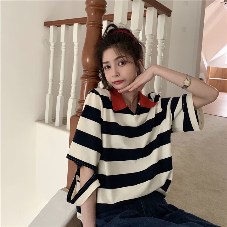 Áo Thun Polo Dáng Rộng Họa Tiết Kẻ Sọc Tay Ngắn Cổ Chữ V Phong Cách Thời Trang Mùa Hè Cho Nữ | BigBuy360 - bigbuy360.vn