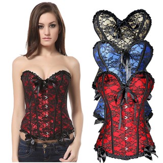 Women Lace Up Back Satin Boned Corset Bustier G-string Body Shapewear Size S-6XL