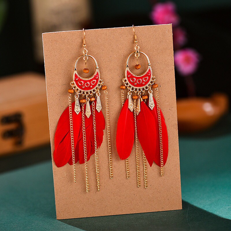 Khuyên tai lông vũ dài hoa tai boho nữ thời trang phong cách cổ điển dân tộc - Mã HT054