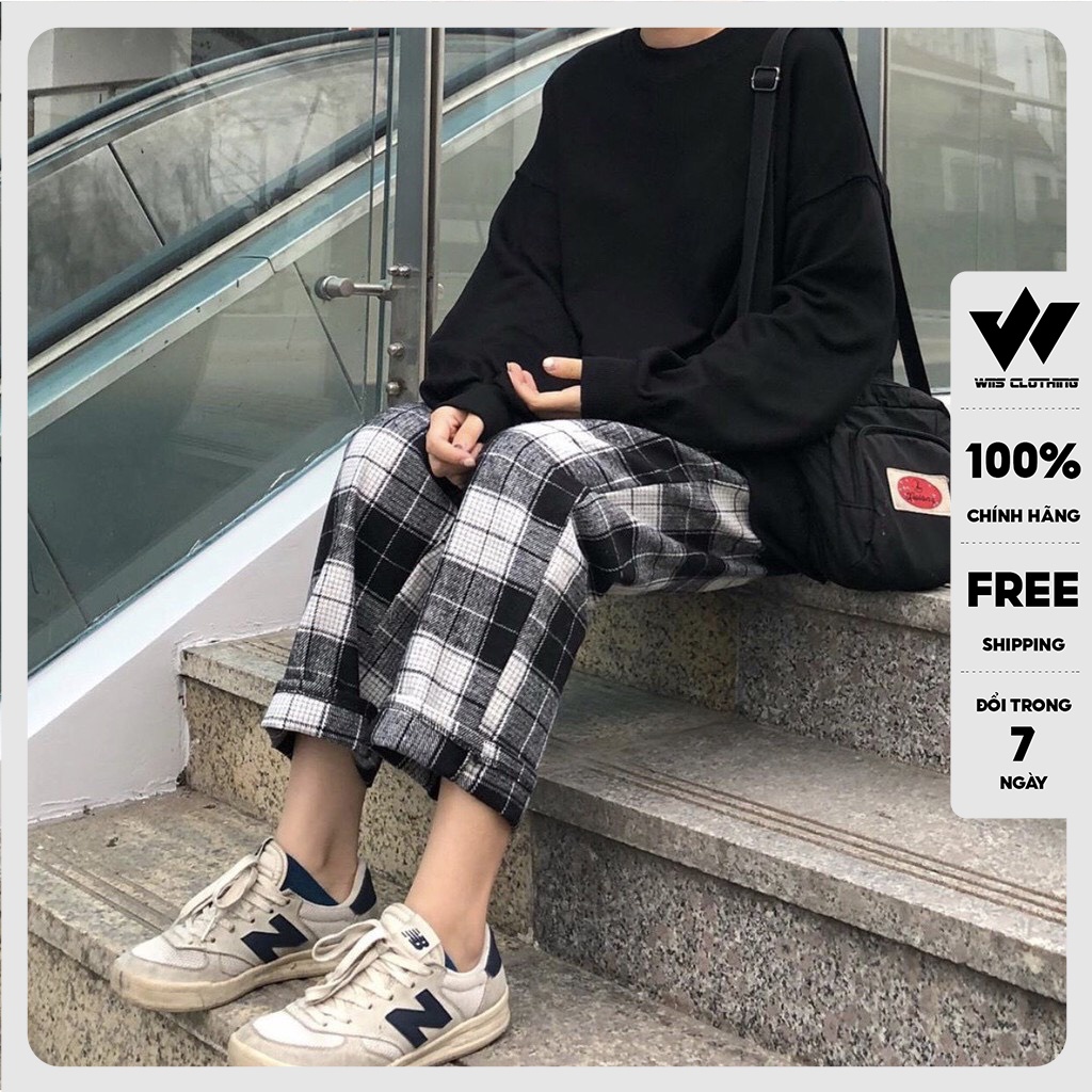 Quần ống suông kẻ caro WIIS baggy rộng unisex cargo pants nam nữ oversize ullzang