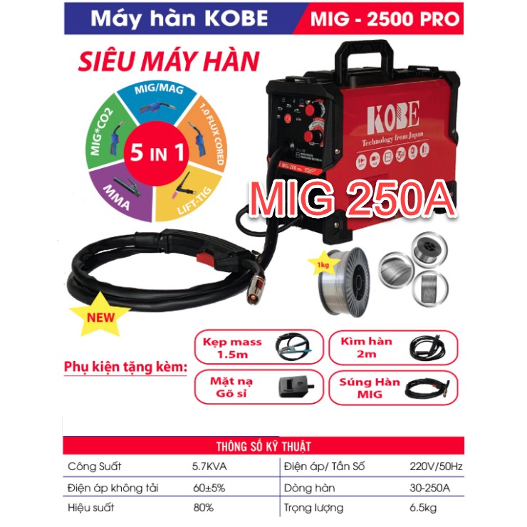 [SIÊU PHẨM MÁY HÀN TẶNG NGAY CUỘN DÂY HÀN 1KG] Máy Hàn Mig Không Dùng Khí Mini Chính Hãng KOBE 2500 PRO