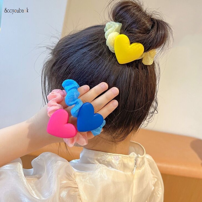 Dây Buộc Tóc Cao Su Co Giãn Bọc Lưới Hình Trái Tim Cá Tính Cho Bé Gái