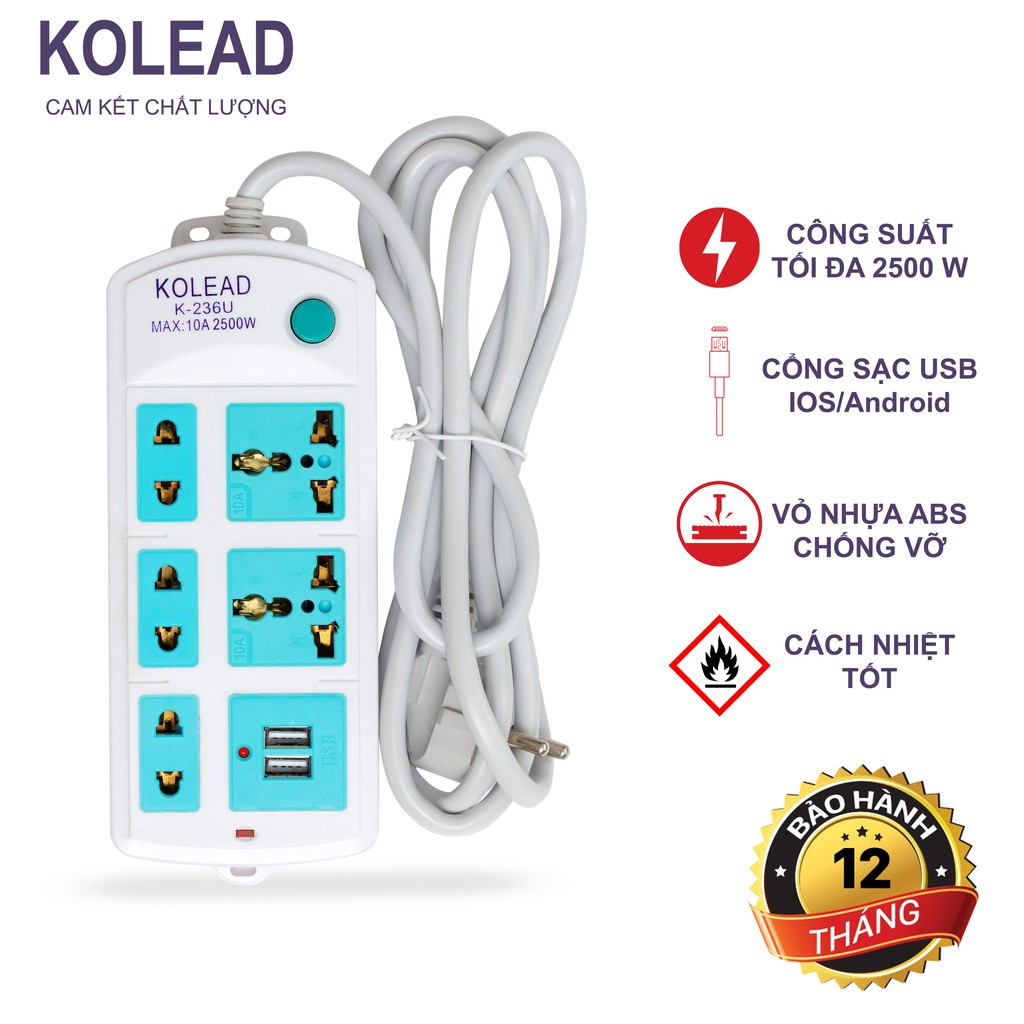 Ổ cắm điện đa năng Kolead Có USB Dây 2m - Bảo Hành Chính Hãng