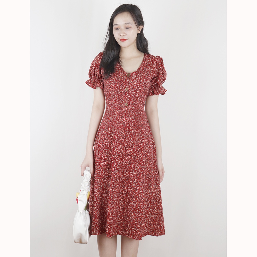 Đầm váy nữ hoa nhí tay phồng nhẹ nhàng đơn giản RD011