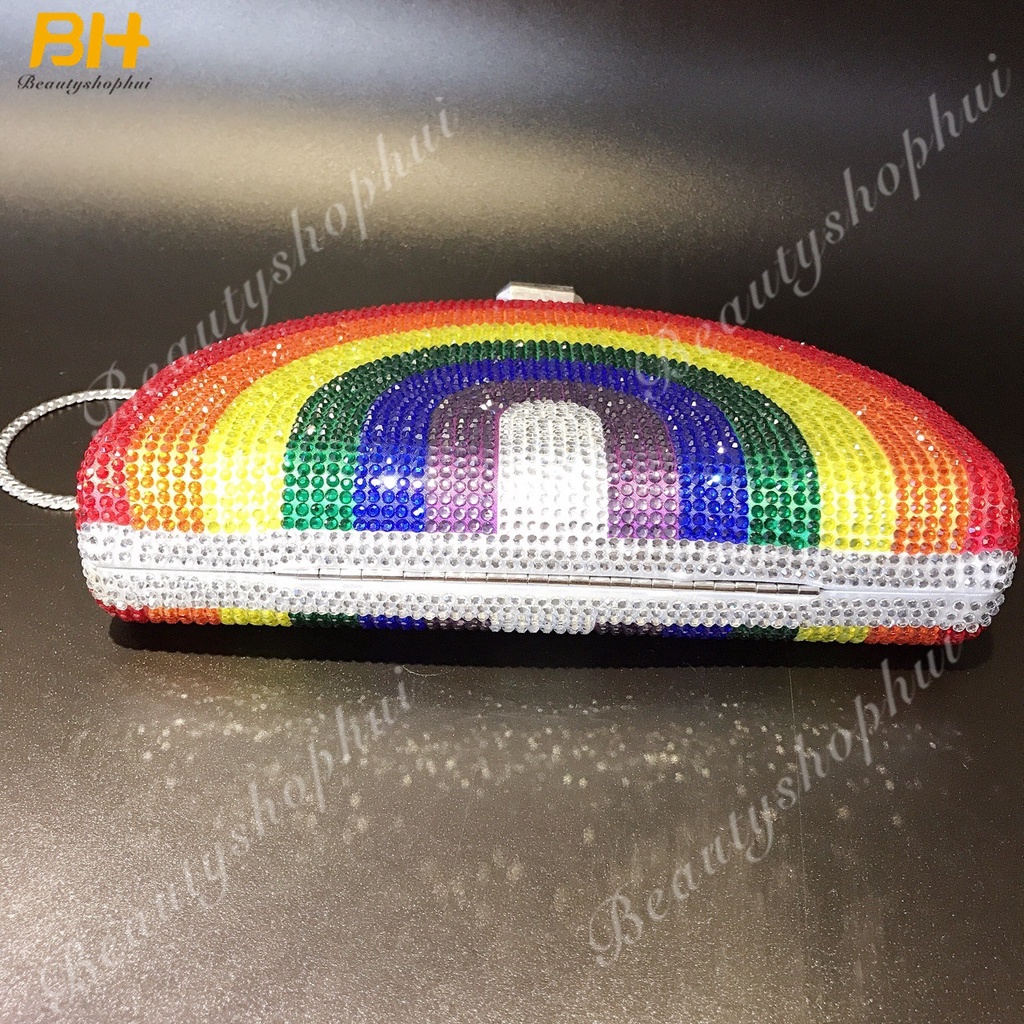 Túi Xách Đeo Chéo Hình Chữ D Đính Đá Màu Cầu Vồng Dành Cho Nữ