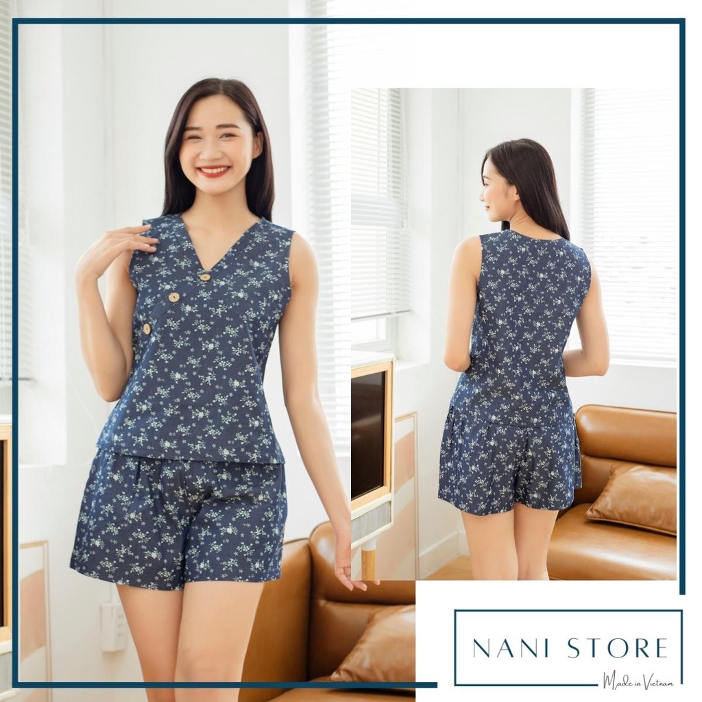 Đồ bộ đùi không tay 3 nút chéo cotton giả jean hoa trắng- NANI STORE