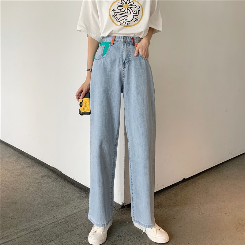 [Size S,M,L] Quần jeans nữ ống rộng lưng cao xanh nhạt Ulzzang Quảng Châu QDJ59