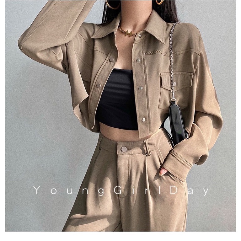 Set áo khoác somi sơmi sơ mi croptop tay dài quần âu cạp cao ống dài rộng phủ giày bấm khuy