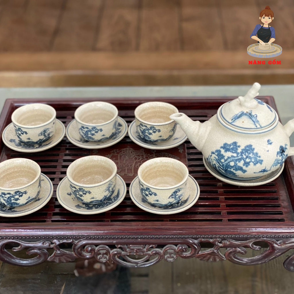 Bộ Ấm Chén Men Rạn Nàng Gốm Bát Tràng Họa Tiết Vẽ Tùng Chùa – 500ML