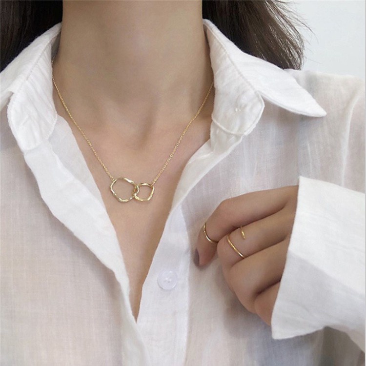 Vòng cổ thiết kế nhẫn đôi, Mặt tròn đơn giản, vòng cổ mặt trăng khuyết thiết kế nhẹ nhàng thanh lịch Phong cách Hàn Quốc