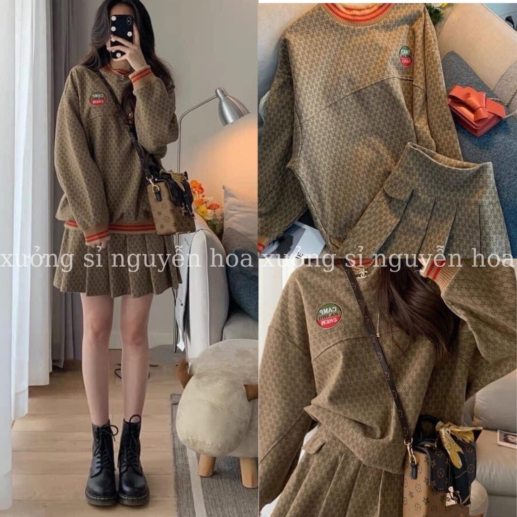 Sét váy áo nữ, sét áo G C nâu mix chân váy tennis phong cách hot girl Xưởng Sỉ Nguyễn Hoa