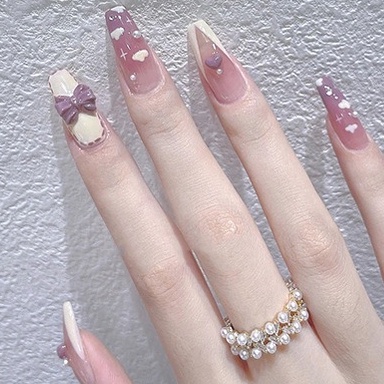 Bộ 24 móng tay giả màu xám in hình trái tim/ nơ