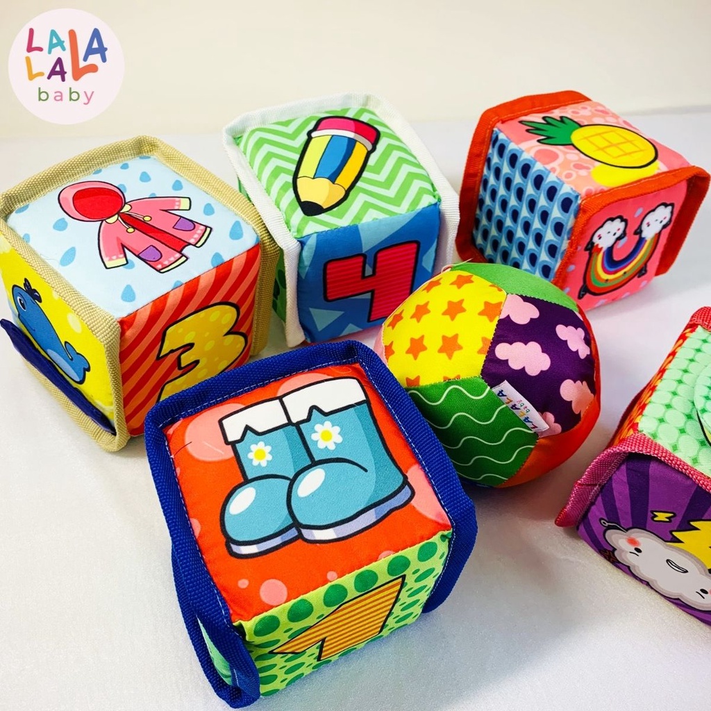 Bộ 5 Hình khối xúc xắc đa tương tác Kèm Bóng vải cho bé Lalala Baby (FARM BLOCK)