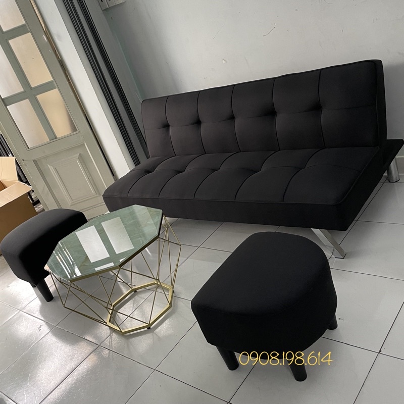 Bộ bàn ghế phòng khách hiện đại màu đen kết hợp bàn kim cương khung vàng mặt kiếng