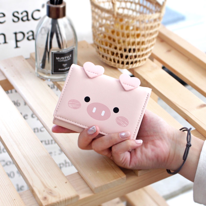 Ví Da Mềm Gấp Ba Đa Năng In Hình Heo Hoạt Hình Phong Cách Hàn Quốc Dành Cho Nữ
