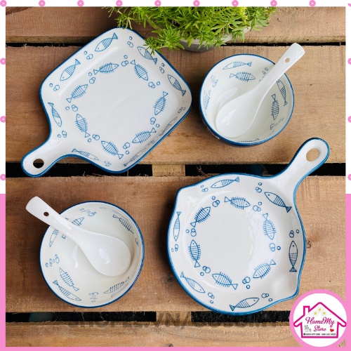 Bộ Bát Đĩa, Chén Dĩa Sứ Decor Bát Ăn Cơm Chén Sứ Hình Con Cá Dễ Thương Cute Cao Cấp 13 món