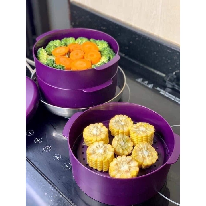 Xửng hấp 3 tầng Steam It tím Tupperware nhựa nguyên sinh an toàn chịu nhiệt 130 độ C thương hiệu Hoa kỳ
