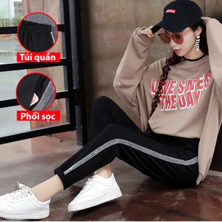 Quần thun thể thao nữ MOLA phối 1 sọc kim tuyến và trắng phong cách nữ sinh cá tính