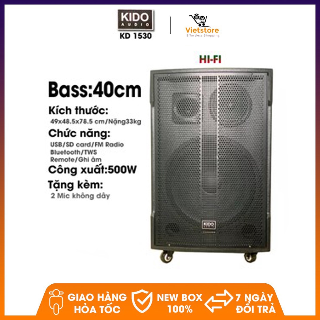 (Tặng kèm 2 Mic không dây xịn) Loa kéo Karaoke giá rẻ cao cấp KIDO KD-1530 Siêu bass bluetooth 4.2 âm thanh 3D