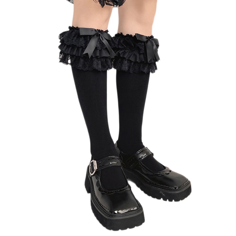 1 Cặp Tất Ren Phối Nơ Dài Đến Đầu Gối Màu Trắng Đen Phong Cách Lolita Cho Nữ