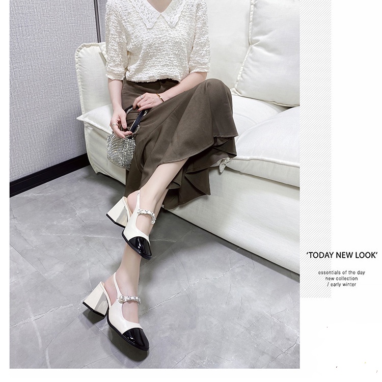 GIÀY CAO GÓT 7P MŨI VUÔNG MÀU ĐEN KEM QUAI NGANG PHỐI XÍCH NGỌC CỰC CUTE D12