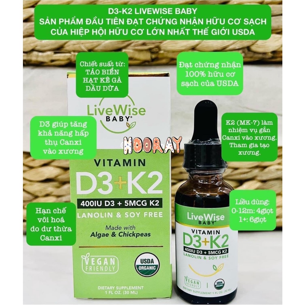 Vitamin D3K2 Livewise Organic - Livewise Baby nội địa Mỹ