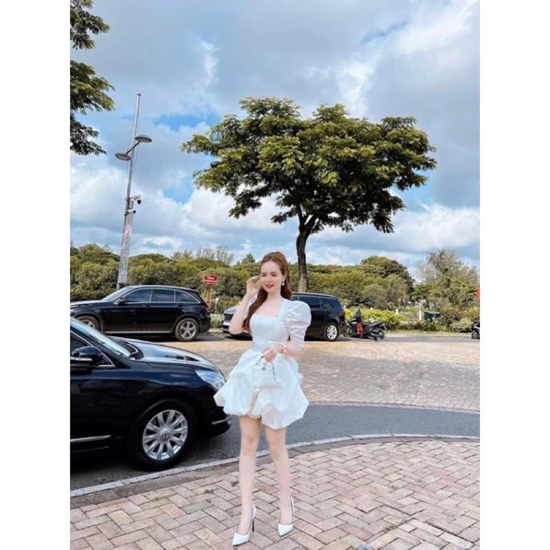 Váy nữ trắng đầm dự tiệc tay bồng dáng xoè sexy siêu xinh